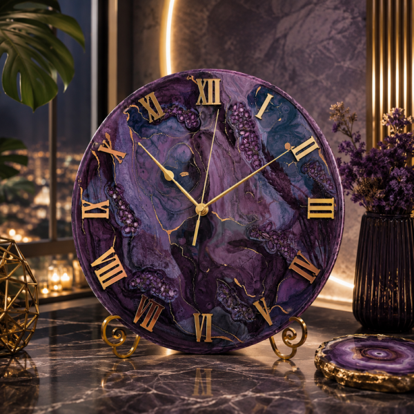 Purple color resin wall clock Luxury purple resin wall clock with gold accents, Roman numerals, and elegant handcrafted design.