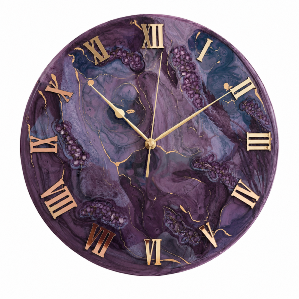 Purple color resin wall clock Elegant purple resin wall clock featuring a rich swirling violet design, gold veining, raised Roman numeral markers, and refined gold clock hands, displayed on a decorative stand in a luxurious interior setting