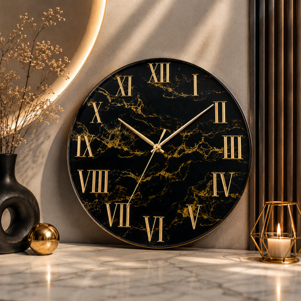 Black and golden art wall clock Elegant black and gold resin clock with bold Roman numerals, glossy finish, and luxury beige décor.