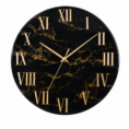 Luxury black resin wall clock with gold veining, Roman numerals, and elegant hands in modern décor.