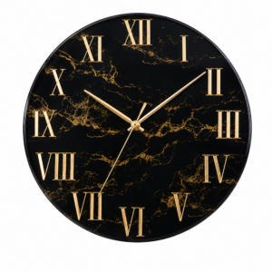 Luxury black resin wall clock with gold veining, Roman numerals, and elegant hands in modern décor.