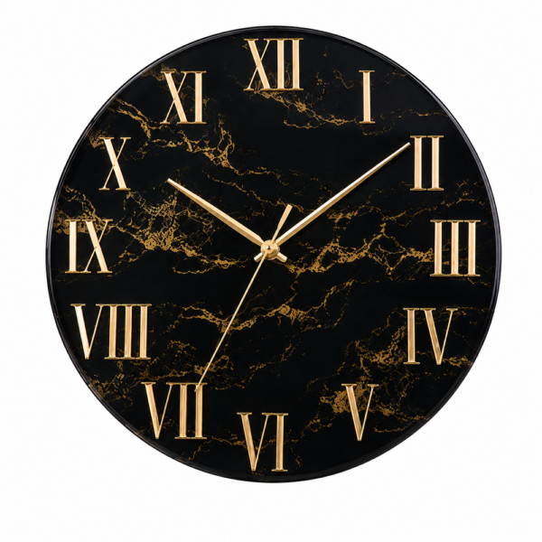 Black and golden art wall clock Luxury black resin wall clock with gold veining, Roman numerals, and elegant hands in modern décor.
