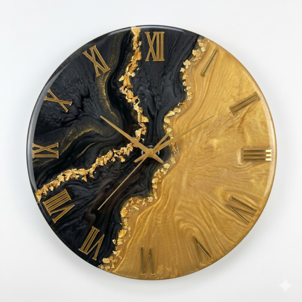 Luxury black and gold resin wall clock with Roman numerals and shimmering gold accents