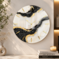 Elegant handmade resin wall clock with black crystal patterns, gold accents, and a glossy white finish.