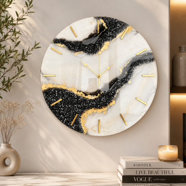 Black and white designer wall clock Elegant handmade resin wall clock with black crystal patterns, gold accents, and a glossy white finish.