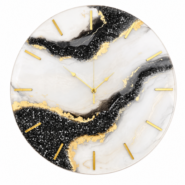 Black and white designer wall clock Luxury black and white resin wall clock with gold accents, textured edges, and elegant modern design.