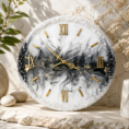 Elegant black, grey and white resin wall clock with gold numerals and crystal edge finish.