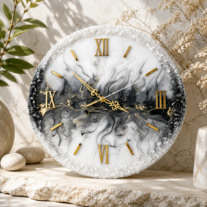 Black and white luxury resin wall clock Elegant black, grey and white resin wall clock with gold numerals and crystal edge finish.