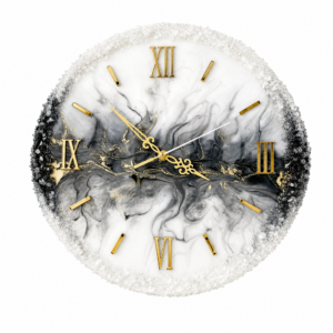 Luxury white and charcoal resin wall clock with gold Roman numerals and crystal border.