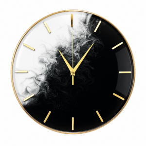 Elegant black-and-white minimalist resin wall clock with gold rim, hands, and markers in a luxury modern setting.