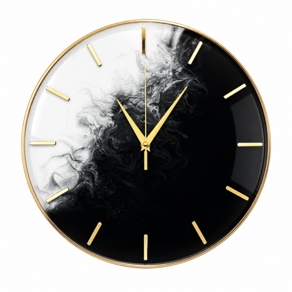 Elegant black-and-white minimalist resin wall clock with gold rim, hands, and markers in a luxury modern setting.