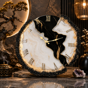 Black color broken art resin wall clock Obsidian black and white geode resin wall clock with gold veining, Roman numerals, and sparkling crystal edging