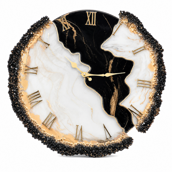 Obsidian black and white geode resin wall clock
