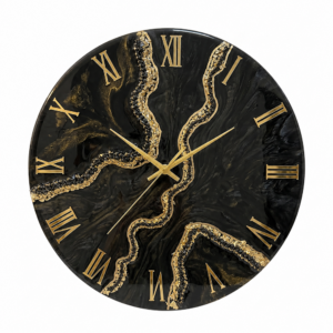 Elegant black resin wall clock with gold Roman numerals and shimmering gold vein accents