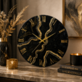 Luxury black resin wall clock featuring flowing gold details, Roman numerals, and a bold design