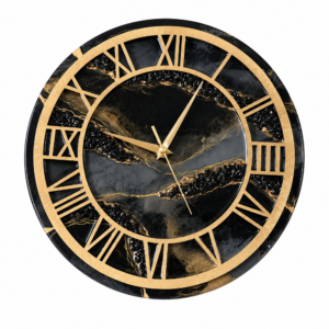 Black gold resin wall clock with Roman numerals and elegant geode-inspired gold veining
