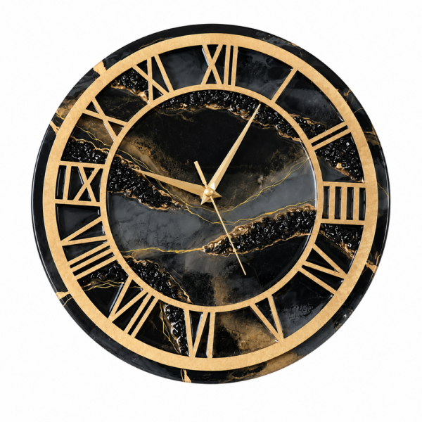 Black luxury resin wall clock Black gold resin wall clock with Roman numerals and elegant geode-inspired gold veining