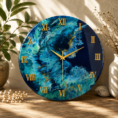 Ocean-inspired blue teal turquoise resin wall clock with gold accents and Roman numerals.