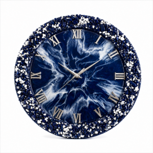 Navy blue resin wall clock with white mosaic border and silver Roman numerals