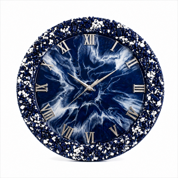 Navy blue resin wall clock with white mosaic border and silver Roman numerals