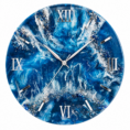 Elegant blue resin wall clock with silver Roman numerals and stunning wave-inspired details.