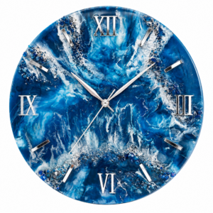 Elegant blue resin wall clock with silver Roman numerals and stunning wave-inspired details.