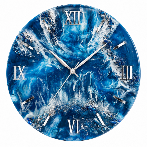 Elegant blue resin wall clock with silver Roman numerals and stunning wave-inspired details.