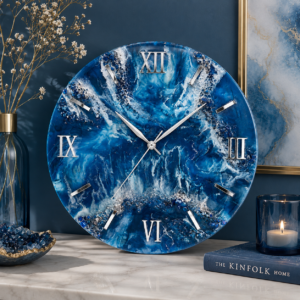 Blue designer resin wall clock Luxury sapphire blue resin wall clock featuring silver accents and a vibrant flowing design