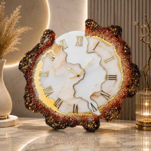 Amber-brown geode decorative wall clock with a white marble face, gold veining, Roman numerals, and crystal stone border