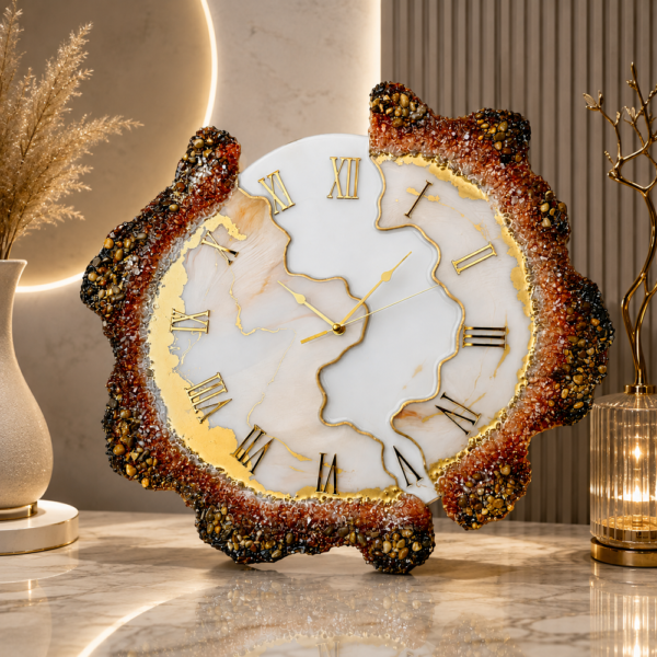 Broken art resin clock Amber-brown geode decorative wall clock with a white marble face, gold veining, Roman numerals, and crystal stone border