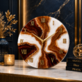 Brown and white resin wall clock with gold accents shown in a luxurious navy and gold interior home.