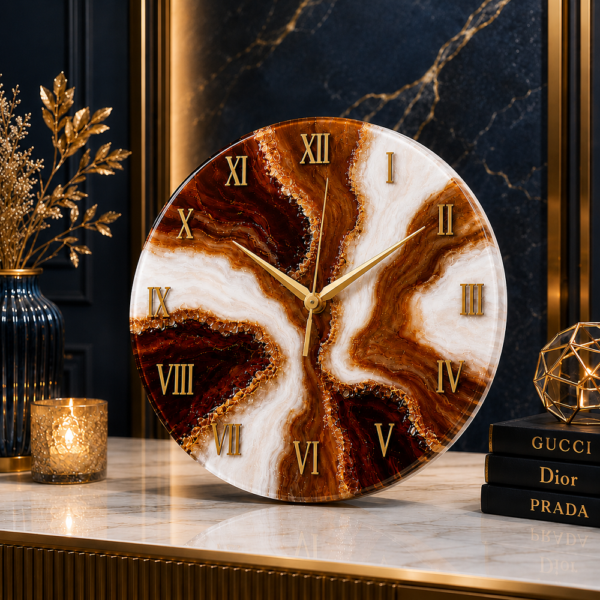 Brown and white resin wall clock Brown and white resin wall clock with gold accents shown in a luxurious navy and gold interior home.