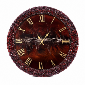 Dark brown resin wall clock with burgundy crystal border and gold Roman numerals
