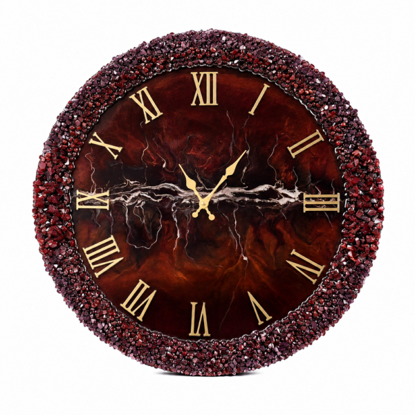 Dark brown resin wall clock with burgundy crystal border and gold Roman numerals