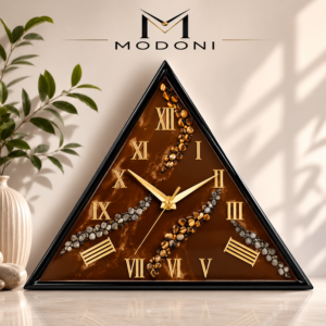 Brown color resin wall clock brown and gold triangular resin wall clock with handmade stone detailing.