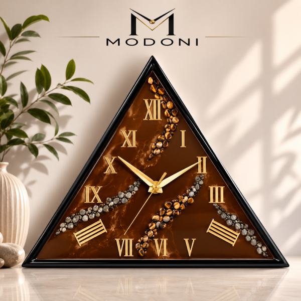 Brown color resin wall clock brown and gold triangular resin wall clock with handmade stone detailing.