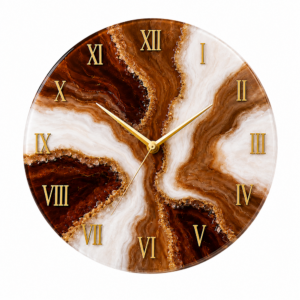 Luxury brown and white resin wall clock with gold Roman numerals and elegant agate-inspired design.