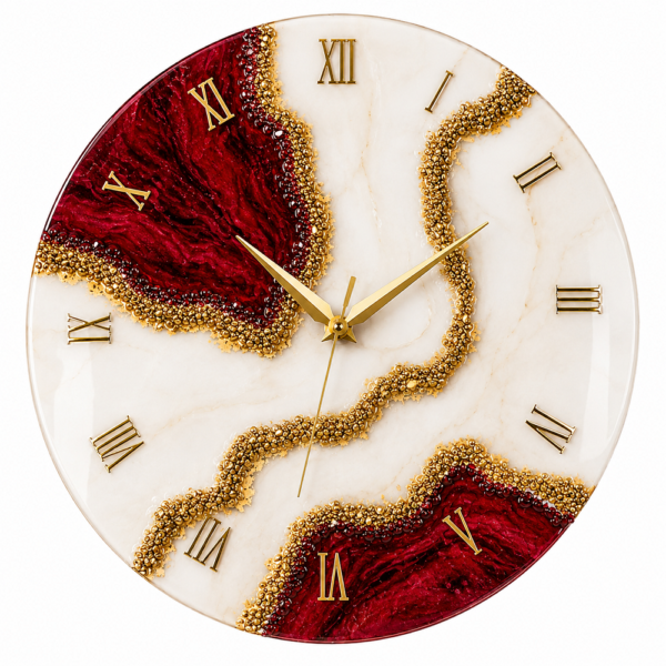 Red color luxury wall clock Cherry Red resin geode wall clock with Roman numerals and elegant crystalline accents