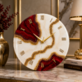 Red and cream luxury resin wall clock with gold Roman numerals, crystal details, and elegant design.