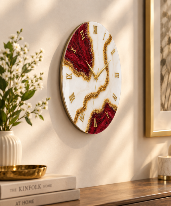 Cherry red resin wall clock Elegant red and gold wall clock in warm interior