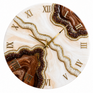 Cream brown agate resin wall clock with gold Roman numerals and sparkling crystal geode accents