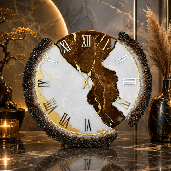 Chocolate color resin wall clock Royal brown and gold geode resin wall clock with white marble design, gold veining, Roman numerals, and crystal edging.