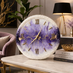 Crystal purple resin wall clock Handmade purple resin wall clock with gold veining, Roman numerals, and crystalline border
