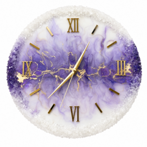 Purple amethyst gold luxury resin wall clock with Roman numerals and crystal textured rim