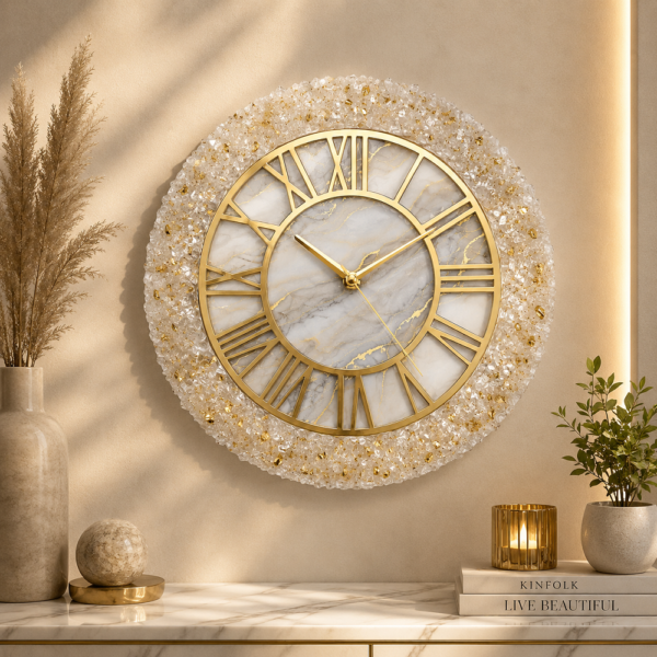 Crystal resin wall clock Elegant crystal-finish resin wall clock with marble-effect face, gold accents, and Roman numerals.