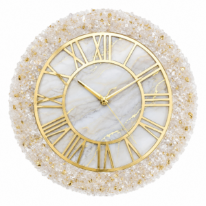 Luxury white resin wall clock with crystal-textured border, gold Roman numerals, and elegant hands.