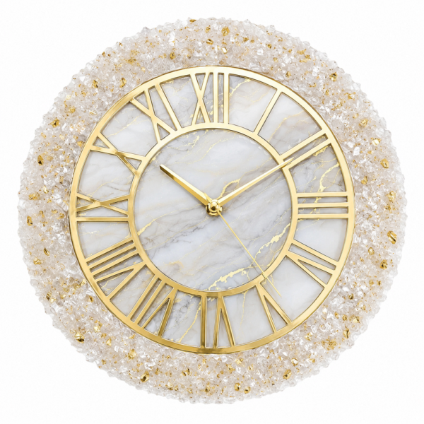 Crystal resin wall clock Luxury white resin wall clock with crystal-textured border, gold Roman numerals, and elegant hands.
