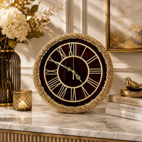Dark brown modern wall clock Burgundy resin wall clock with Roman numerals and ornate textured frame for elegant home decor.