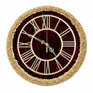 Burgundy resin wall clock with Roman numerals and ornate textured frame for luxury home decor.