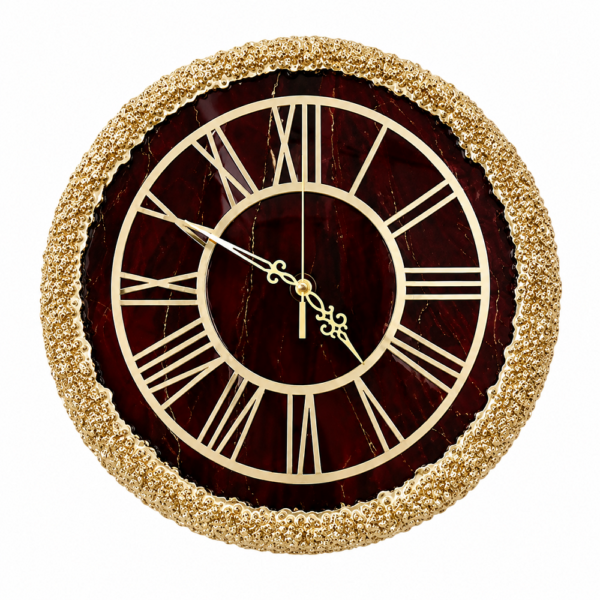 Dark brown resin wall clock Burgundy resin wall clock with Roman numerals and ornate textured frame for luxury home decor.
